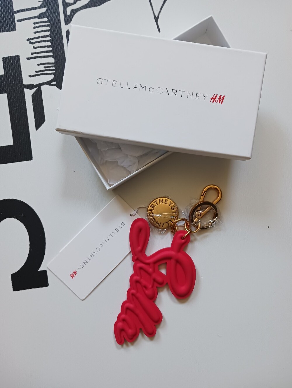 NWT Stella McCartney Red Script Logo Key/ Ring, Bag Charm With Gold Tone Hardwar